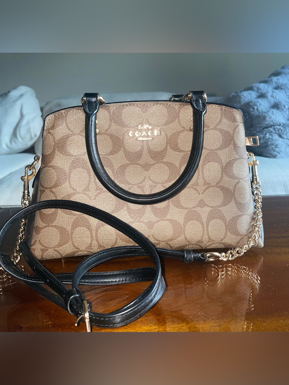 Coach Brown Signature Crossbody with Black Trim and Gold Hardware